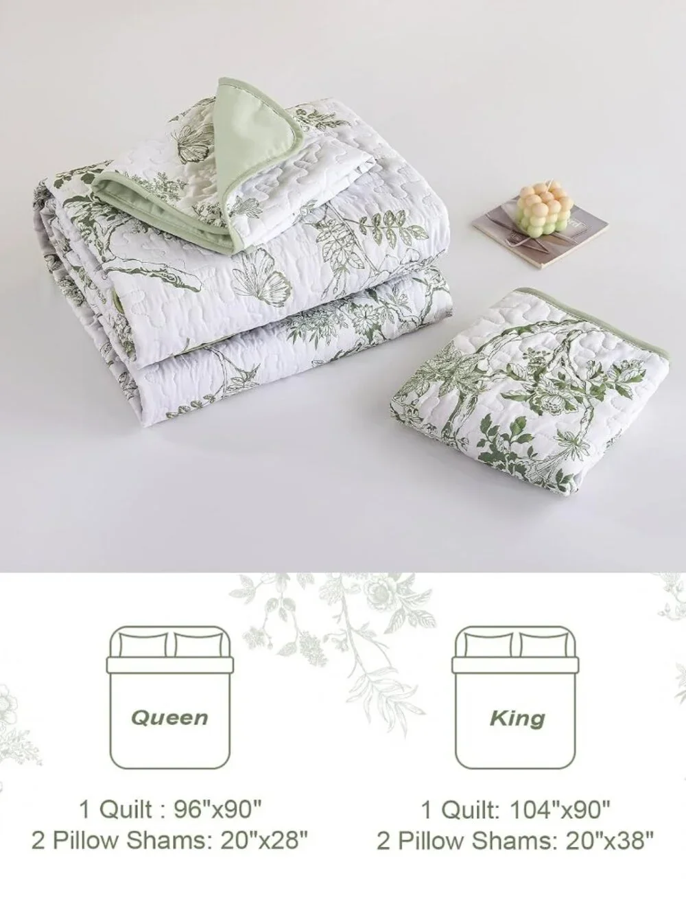 Floral Quilt Set Full,Green Botanical Pattern Quilts Bedspread Coverlet Set for